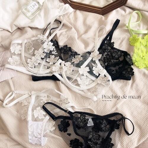 Sexy Lace Lingerie Set Floral See Through Bra Panty Nightwear Transparent Underwear Women Embroidery Grenadine Bralette T-Back