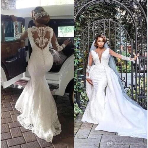 Mermaid Wedding Dresses with Detachable Train 2020 Luxury Lace Applique Beaded Long Sleeve Plus Size Bridal Wedding Gown