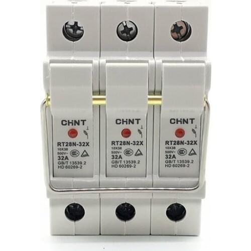 CHINT RT28N-32X 3 Pole DIN Rail Mount Fuse Holder Base with Indicator Light 3P for 10x38mm Fuse