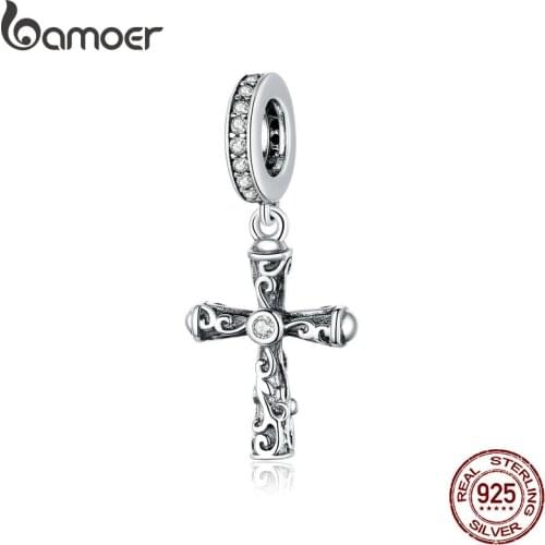Bamoer 925 Sterling Silver Vintage Cross Pendant Charm for Original Snake Bracelet or Neckalce DIY bracelet Accessories BSC313