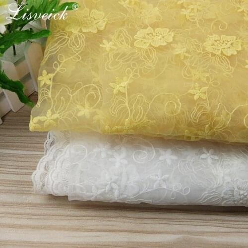 High-grade 1yard white / yellow Organza embroidered flower lace fabric diy Fashion wedding dress skirt accessories