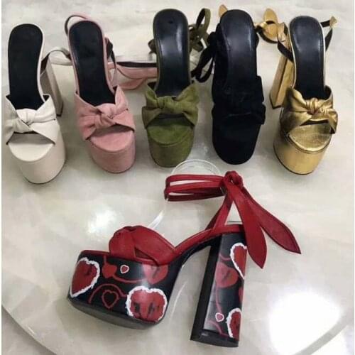INS Ladies Bowtie Chunky Heel Sandal Lace Up Woman 14 CM Chunky High Heel Peep toe High Platform Shoes