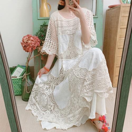 Mori Girl Vintage Fairy Lace Dress Flare Sleeve Hollow Crochet Embroidery Medium Length Loose Waist Women Bohemian Dress Vestido