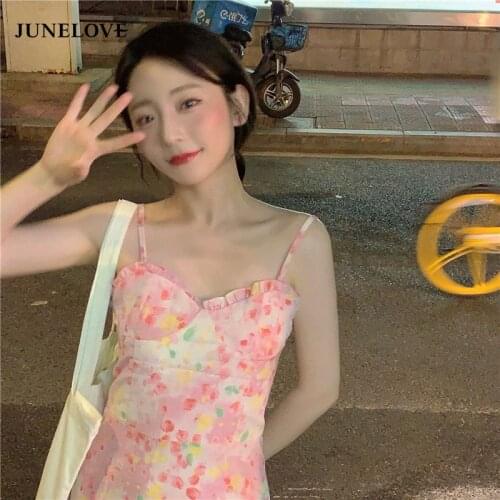 JuneLove Summer Kawaii Floral Print Dress Women Elegant Sweet Sexy Style Party Strap Dress High Street Korean Beach Dress New