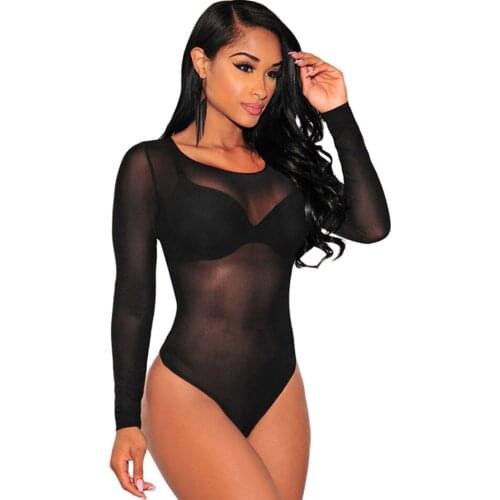 Female Mesh Sexy Bodysuit Jumpsuit O-Neck Turtleneck Skinny Bodysuits Transparent Women Fashion Sexy Body Clothing 2020