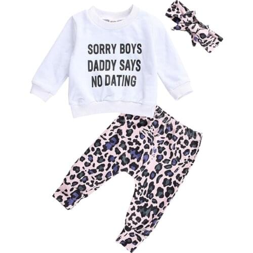 2021 Toddler Girls Outfits Letter Printed Shirt Top Leopard Long Pant Headband 3 Pcs Spring Newborn Sets Infant Clothing