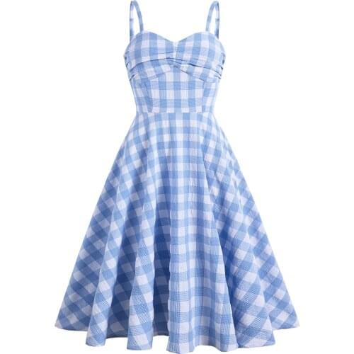 2021 Holiday Women Party Summer Dress Blue Plaid Printed Spaghetti Strap Sundress A Line Swing Rockabilly Retro Vintage Dresses