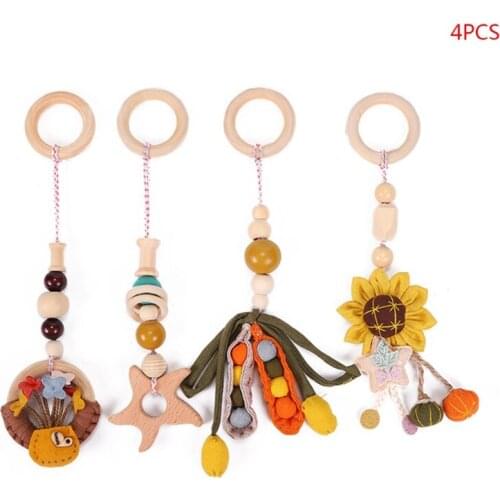 4 Pcs/Set Baby Play Gym Frame Stroller Hanging Pendants Wood Ring Teether Molar F3ME