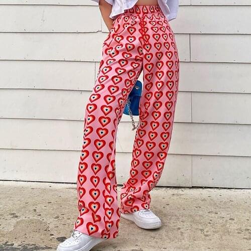Heart Print Pink Pants for Women Straight High Waist Trousers Female Drawstring Fashion Sweatpants Women Casual Streetwear