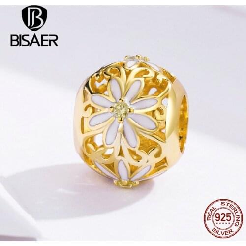 BISAER Daisy Beads 925 Sterling Silver White Daisy Flower Beads Gold Color Flower Charms fit for Women Bracelets Jewelry ECC1216