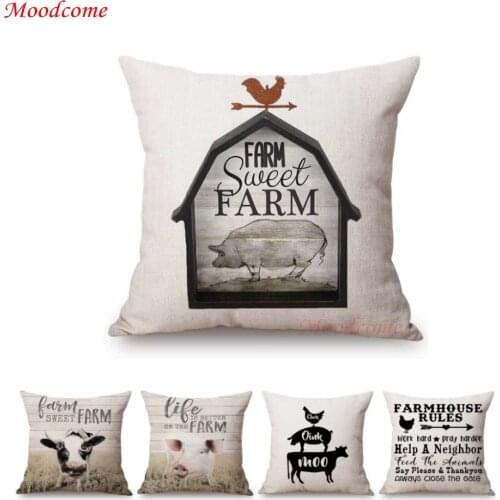 Nordic Farm Animals Sweet Farm Life Rule Principle Letter Art Sofa Throw Pillow Case Retro Cotton Linen Car Pillow Cushion Cover