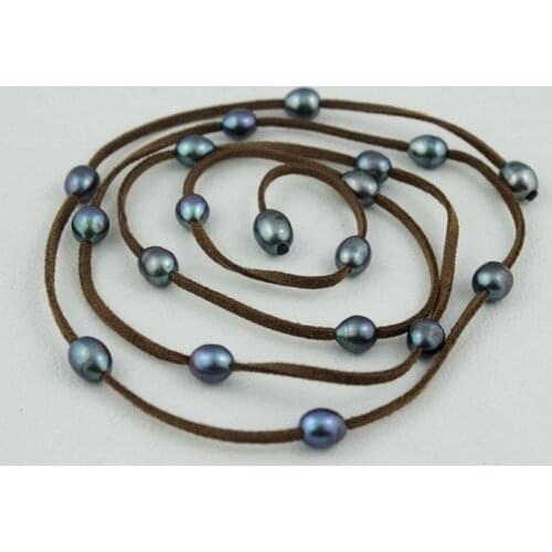 Handmade light Brown Leather long necklace Black Freshwater pearl 48INCH 10x12mm Fashion Jewelry