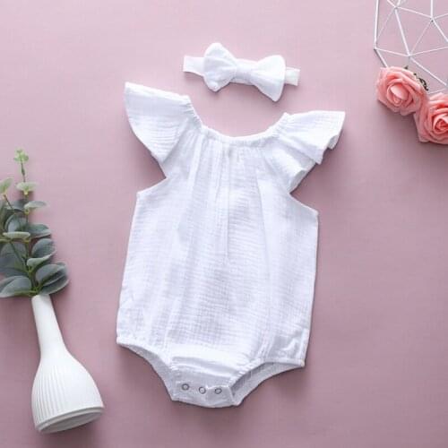 Summer Newborn Girl Romper Set Flare Sleeve Solid Print Romper Headband Two-Pieces Infant Girl Sleeveless Round Collar Jumpsuit