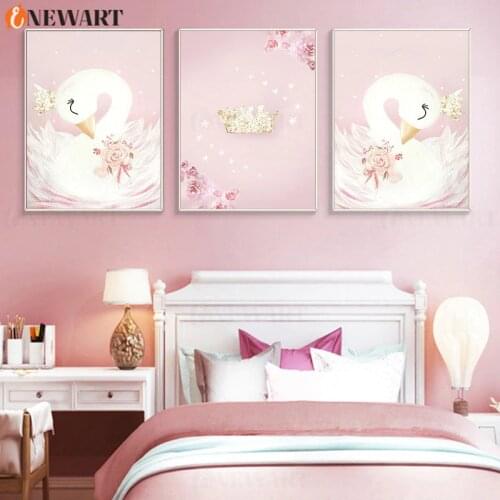 Crown Swan Painting for Baby Girl Nursery Canvas Wall Art Pink Poster for Kids Bedroom Little Princess Room Decoration Picture