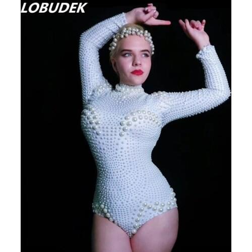 White Pearls Tight-fitting Bodysuit Long Sleeve Elastic Beads Bodysuits Sexy Singer Dancer Leotard Stage Wear Nightclub Costumes