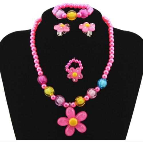 1=4pcs Sun Flower Kids Baby Girls Imitation Pearls Beaded Necklace Bracelet Rings Earrings Jewelry Set Childrens Day Gift