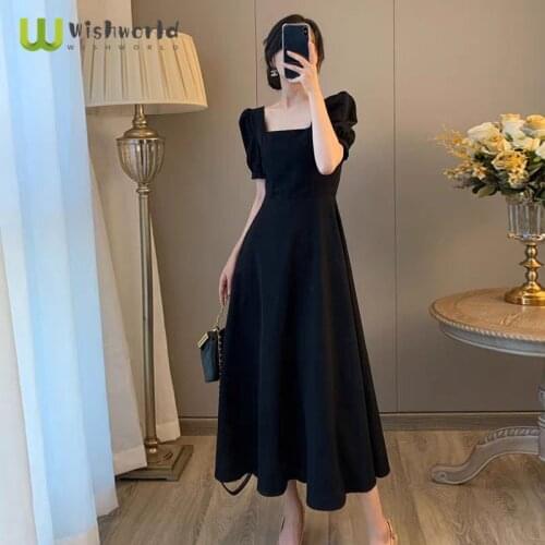 Puff Short Sleeve Dress Women A-line Midi Dresses Black Streetwear Elegant French Style Sexy Defined Waist Square Collar Mujerc