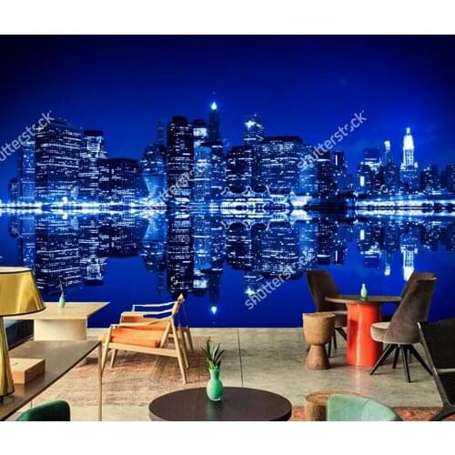 Custom 3D murals,New York at night with reflection in water city wallpaper,living room sofa TV wall bedroom bar ktv .3d murals