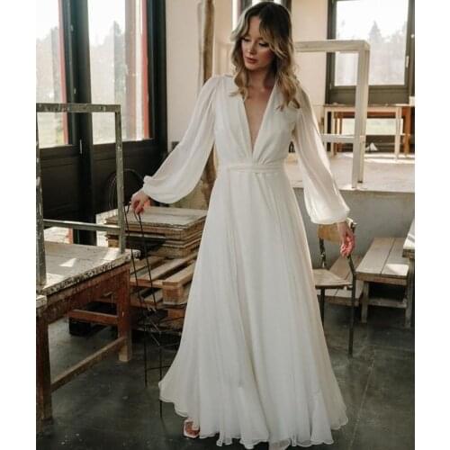 Simple Chiffon A-Line Wedding Dress With Long Sleeve Deep V-neck Boho Beach Bridal Gowns Robe de Mariage