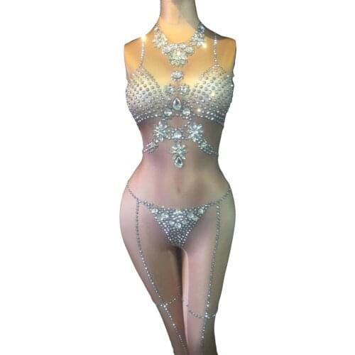 Luxury Rhinestones Sparkly Jumpsuit Fashion Sexy Nude Stretch Dance Costume One-piece Bodysuit Birthday Outfit Party Leggings