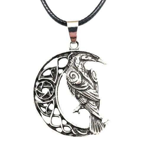 Wicca Crescent Moon Pendant Odin Raven Amulet Talisman Viking Jewelry Necklace Wiccan Supplies 2021