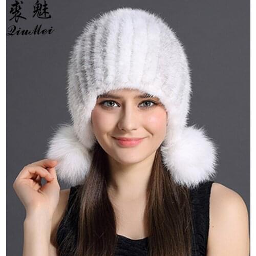 Real Mink Fur Hat Women Winter Hats Knitting Protected Ear And Head Cap With Cute Pompoms Russian Female Beanies Thick Mink Hats