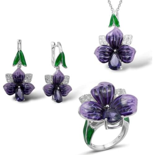 Ladies Trendy Silver Enamel Jewelry Set High Quality Purple Zircon Flower Petal Pendant Necklace Ring Earrings Wedding Party Set