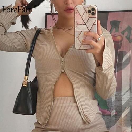 Forefair Zip Front Ribbed Top Women Sexy Autumn Cardigan New Tops Round Neck Slit Cuff Knitted Cropped Long Sleeve Women T Shirt