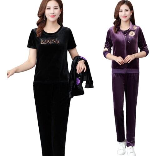 2019 Spring Autumn Women Sporting Suit Long Sleeve Tops T-shirt and Pants Sets 3 pieces Set gold velvet Suits Casual Suits M309