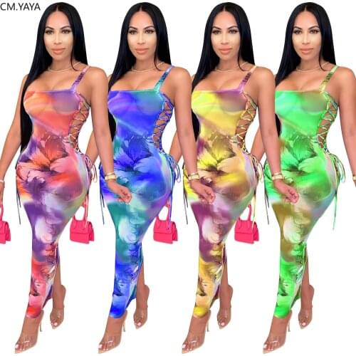 CM.YAYA Women Tie Dye Mesh See Though Spaghetti Strap Sleeveless Sexy Club Party Bodycon Midi Lace Up Side Midi Long Dress