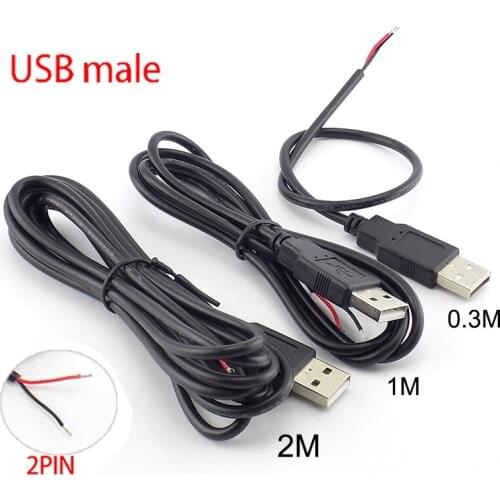0.3m/1m/2m 5V USB Cable Power Supply 2 Pin Wire USB 2.0 Type A Male Plug Connector Jack Charger Charging DIY Cord Extension