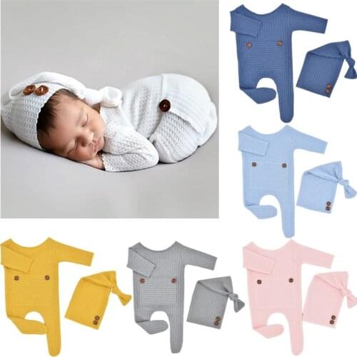 2 Pcs/Set Baby Hat Romper Newborn Photography Props Knitted Jumpsuit Long Tail Cap Kit Infants Photo Shooting Clothing Outfits