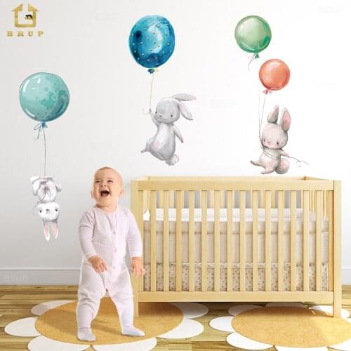 Watercolor Balloon Bunny Wall Stickers for Kids Room Baby Nursery Room Decoration Wall Decal PVC vinyl wallpaper