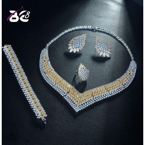 Be 8 New Arrival AAA Cubic Zirconia Elegant 2 Tones Necklace Earring Set 4pcs Jewelry for Women African Beads Jewelry Sets S304