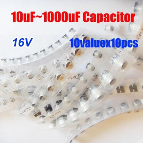 10valuesX10pcs=100pcs SMD 16V 10uf~1000uf Aluminum Electrolytic Capacitor Assortment Kit Pack for Computer Motherboard