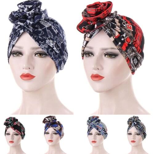 Free Flower Print Womens Turban Hat Street Shooting Hijab Decorative Bonnet Hat Hedging Cap Decorative Flower Cloth Turban Hat