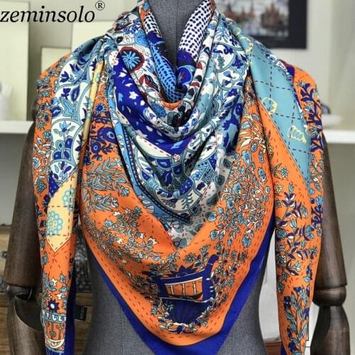 2018 Luxury Brand Spring Printed 100% Silk Twill Scarves Women Bandana Large Square Silk Scarf Shawl Wraps Foulard 130x130cm
