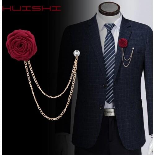 HUISHI Pins Rose Fabric Flower Simple Chain Brooches Mens Suit Collar Lapel Brooch Pin Men Wedding Banquet Fashion Jewelry