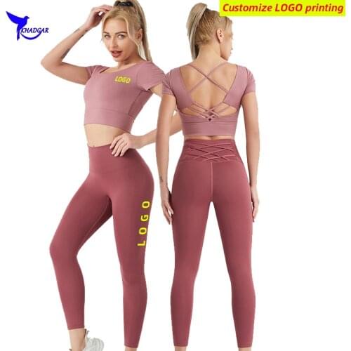 Custom LOGO Build in Bra Women Sport Suit Workout Clothes Gym Fitness Short Sleeve Crop Top+High Waist Leggings Yoga Running Set