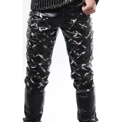 Rock Costume DS Slim Trousers Nightclub Bar DJ Costume Male Singer Alternative Camouflage Rivet Leather Pants Jogging 28-37Size