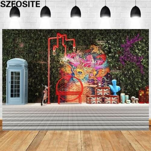 Red Street Lamp Phone Booth Bicycle Graffiti David Art Party Background Photography Photo Boy Birthday Decoration Vinyl Backdrop
