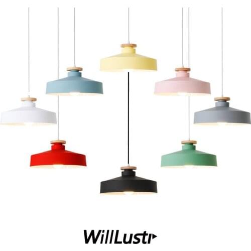 Creative Metal Pendant Lamp Macaron Color Wood Suspension Light Cafe Bakery Shop Hotel Kids Room Blue Green Pink Gray Lighting