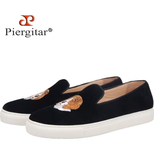 Piergitar New Summer Style Handcrafted Dog Head Embroidery Men Sneakers Black Velvet Mens Casual Shoes White Shoes Outsole