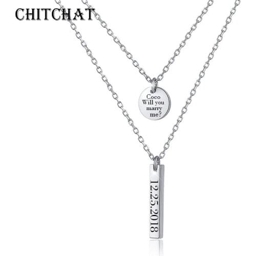 Customized Square Strip Round Pendant Multilayer Necklaces Engraved Name Words Necklace For Women Inspirational Jewelry
