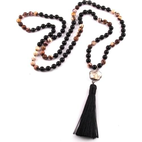 MOODPC Fashion Bohemian Tribal Jewelry Black Stone Knotted Yago Necklace Flower Crystal Link Tassel Necklaces For Women