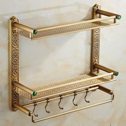 Bathroom Shelf Wall Mounted Antique Bronze Brass With Towel Rack and Robe Hooks Bath Shampoo Shelf Dual Tiers Corner Shelf