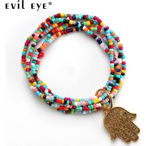 EVIL EYE 2018 New Fashion 1pc Rice Colorful beads evil eye Bead With Hassam Palm Handmade Bracelet for women EY4787