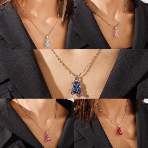 Cute Candy Color Gummy Bear Necklaces for Women Cartoon Crystal Animals Chain Necklaces Pendants Female Jewelry