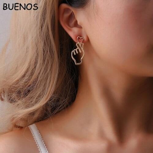 BUENOS New Fashion Personality Metal Love Funny Earrings for Women Hollowing Heart Gesture Korean Earrings Heart-shaped Jewelry