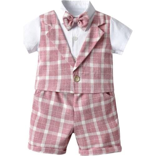Toddler Baby Clothes for 1-5 Y Boys Children Fashion Fake Vest Top Plaid Shorts Outfit kids Birthday Party Summer Grey Costume